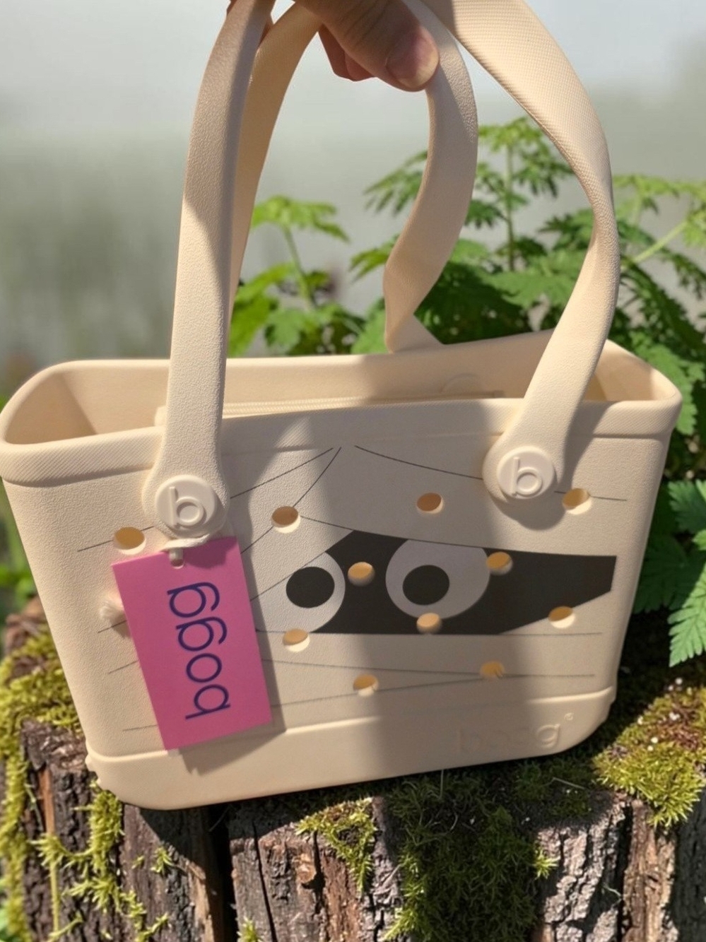 BOGG BAG Small Tote in Cream with Black Eye Graphic and Pink Tag